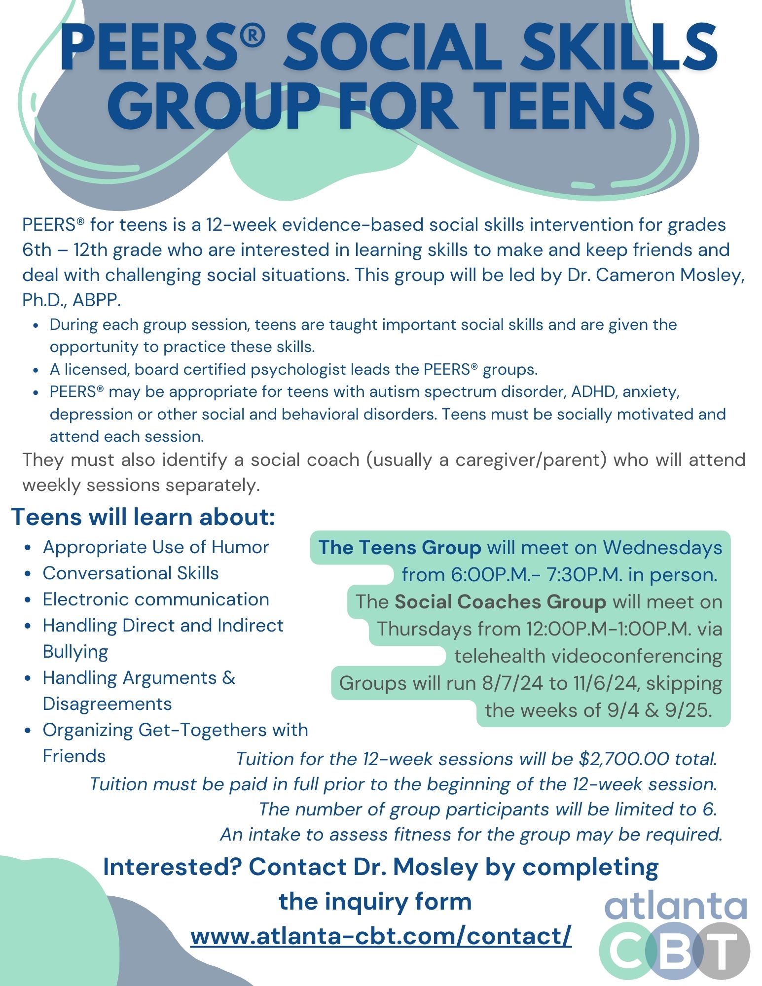 PEERS® for teens is a 12-week evidence-based social skills intervention for grades 6th - 12th grade who are interested in learning skills to make and keep friends and deal with challenging social situations. This group will be led by Dr. Cameron Mosley, Ph.D., ABPP.